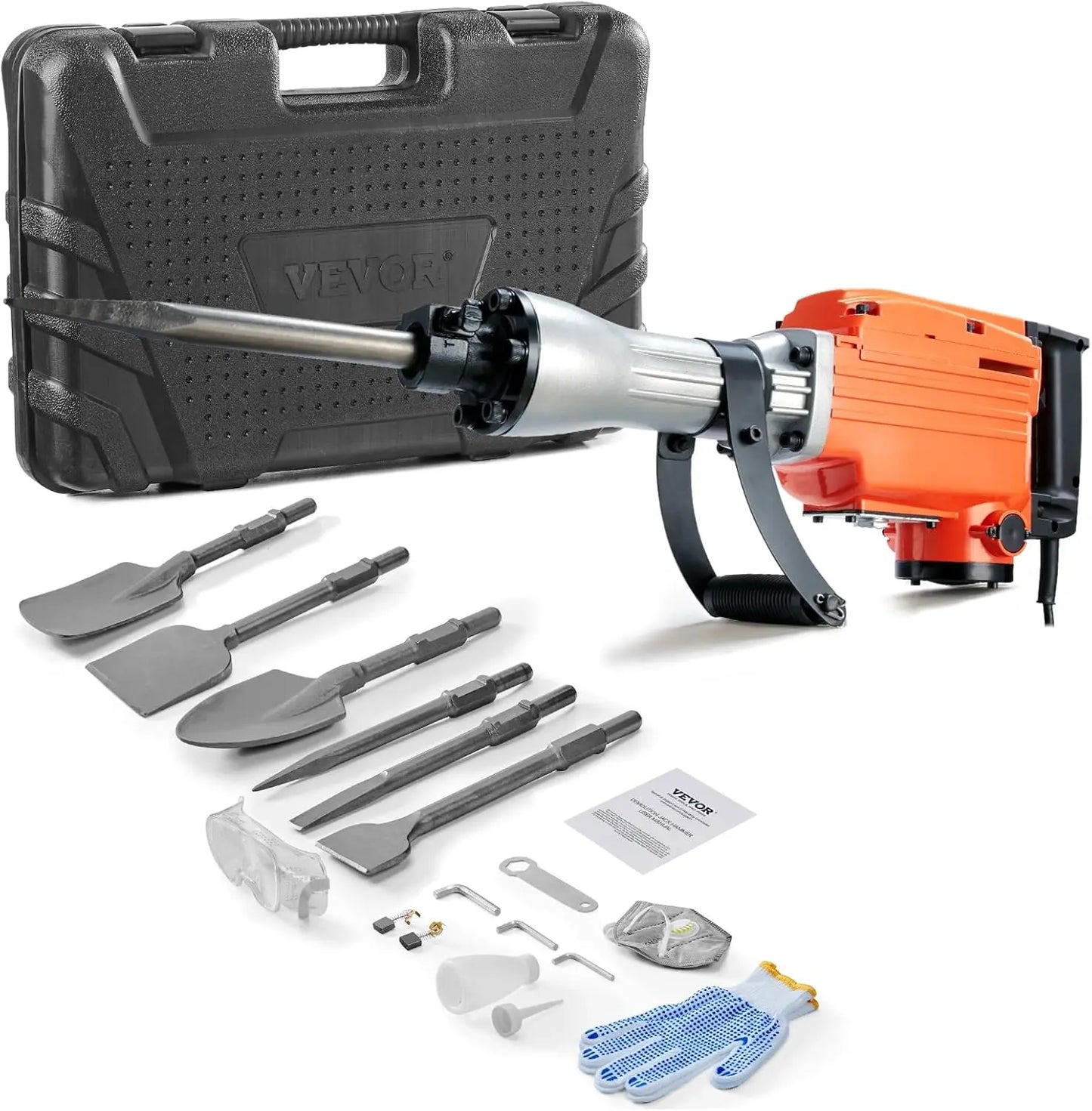 Electric Demolition Jack Hammer with 2/4/6 Chisels & 360° Swivel Handle