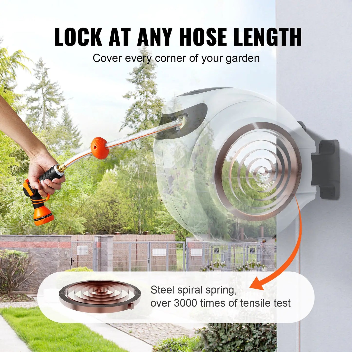 Retractable Garden Hose Reel with 9-Pattern Nozzle & 180° Swivel Bracket