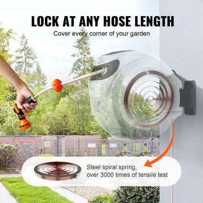 Retractable Garden Hose Reel with 9-Pattern Nozzle & 180° Swivel Bracket