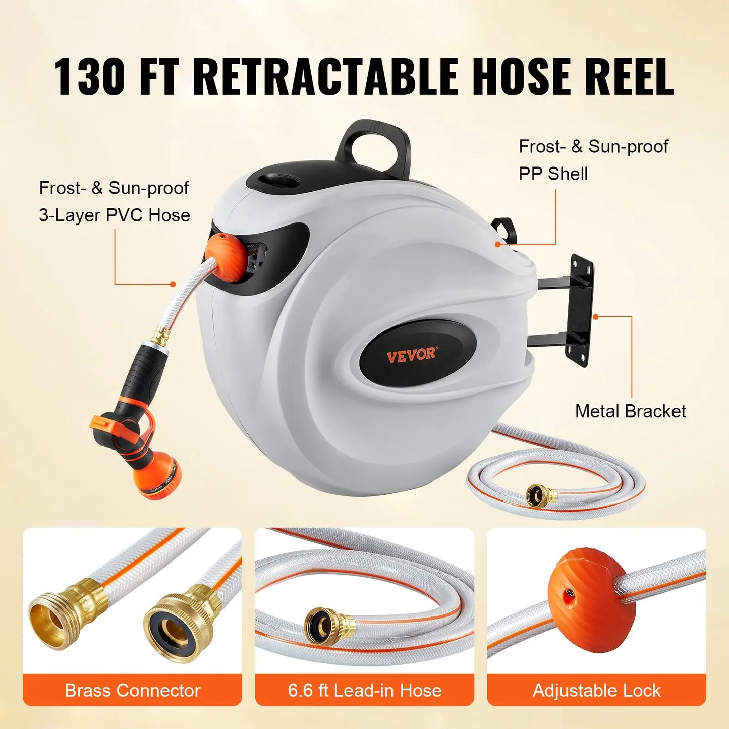 Retractable Garden Hose Reel with 9-Pattern Nozzle & 180° Swivel Bracket