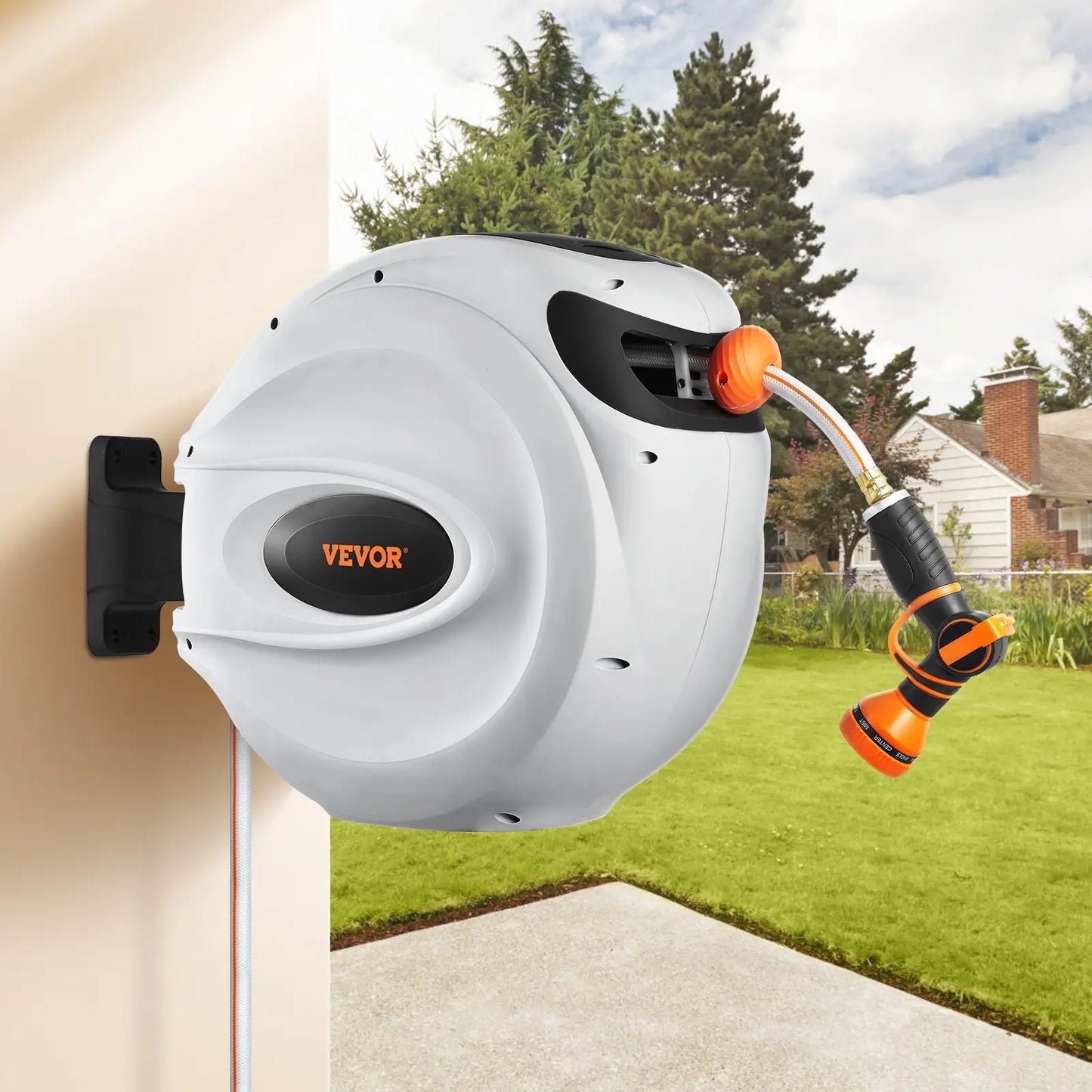 Retractable Garden Hose Reel with 9-Pattern Nozzle & 180° Swivel Bracket